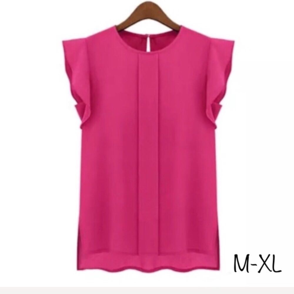 Pink Chiffon Flutter Sleeve Blouse M-XL
